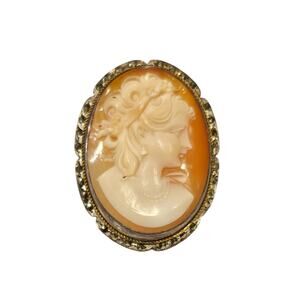 Vintage Cameo Brooch 10K/925 Marcasite Conch Cameo 2 1/8"